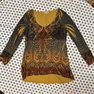 Live and let live Med Mustard, Rust & Black Printed  Long Sleeve Top mix texture